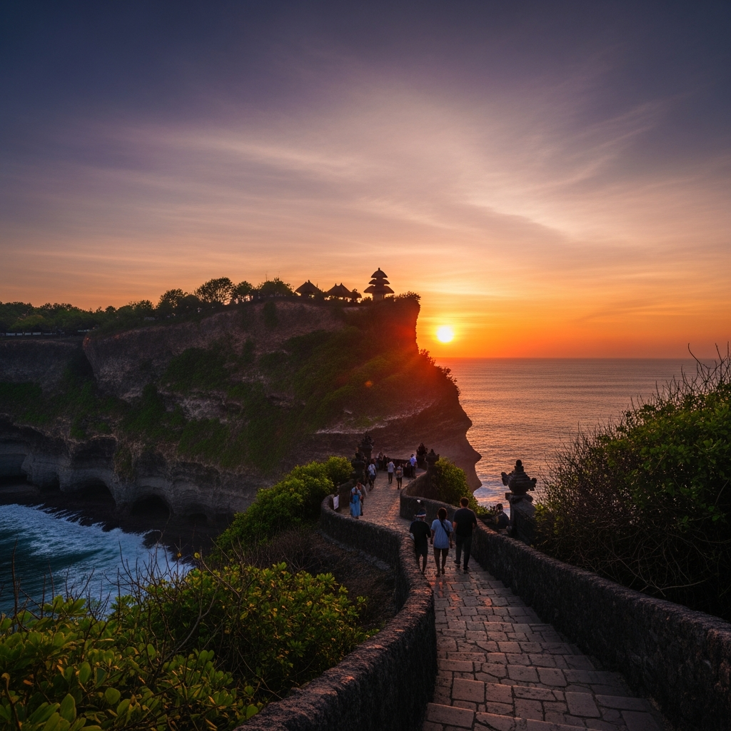 Uluwatu Temple cliff path at sunset with silhouettes (alt: Uluwatu Temple sunset walkway Pura Luhur Uluwatu) - travel photo