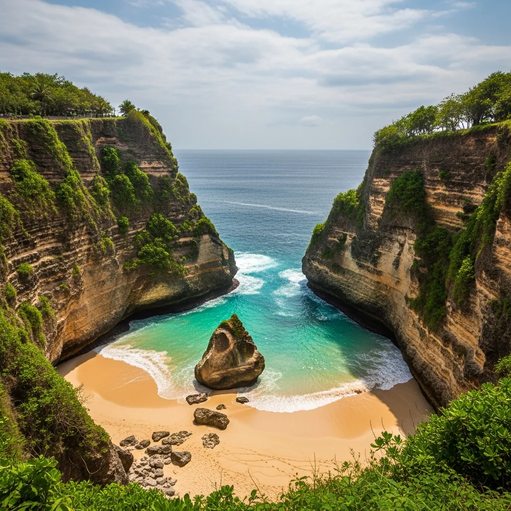 Padang Padang Beach cove framed by rock walls (alt: Padang Padang Beach Uluwatu iconic cove) - travel photo