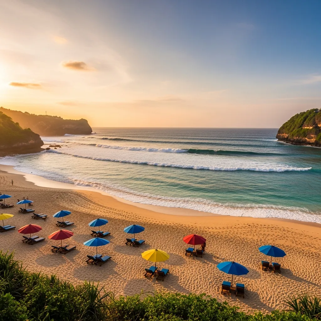 Dreamland Beach wide sand with umbrellas and rolling waves (alt: Dreamland Beach Uluwatu wide sandy beach) - travel photo
