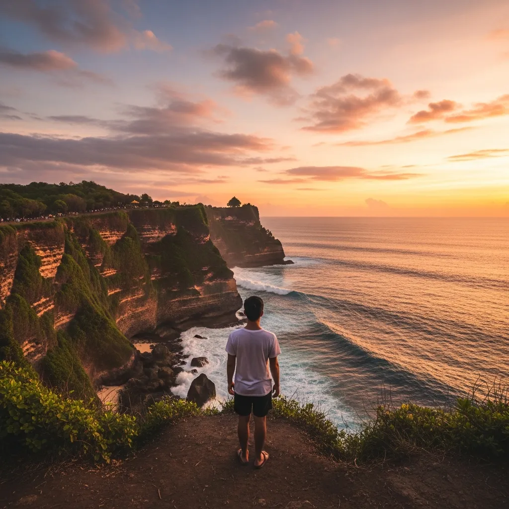 Karang Boma cliff viewpoint with person standing back from edge at sunset (alt: Karang Boma cliff viewpoint Uluwatu golden hour) - travel photo