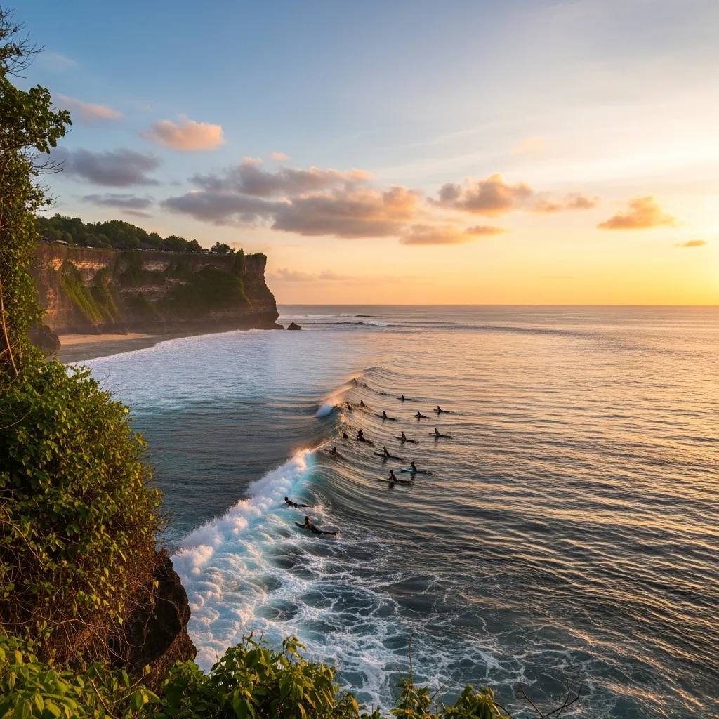 Surfers paddling at Uluwatu reef break viewed from cliff (alt: Uluwatu surf lineup reef break view) - travel photo