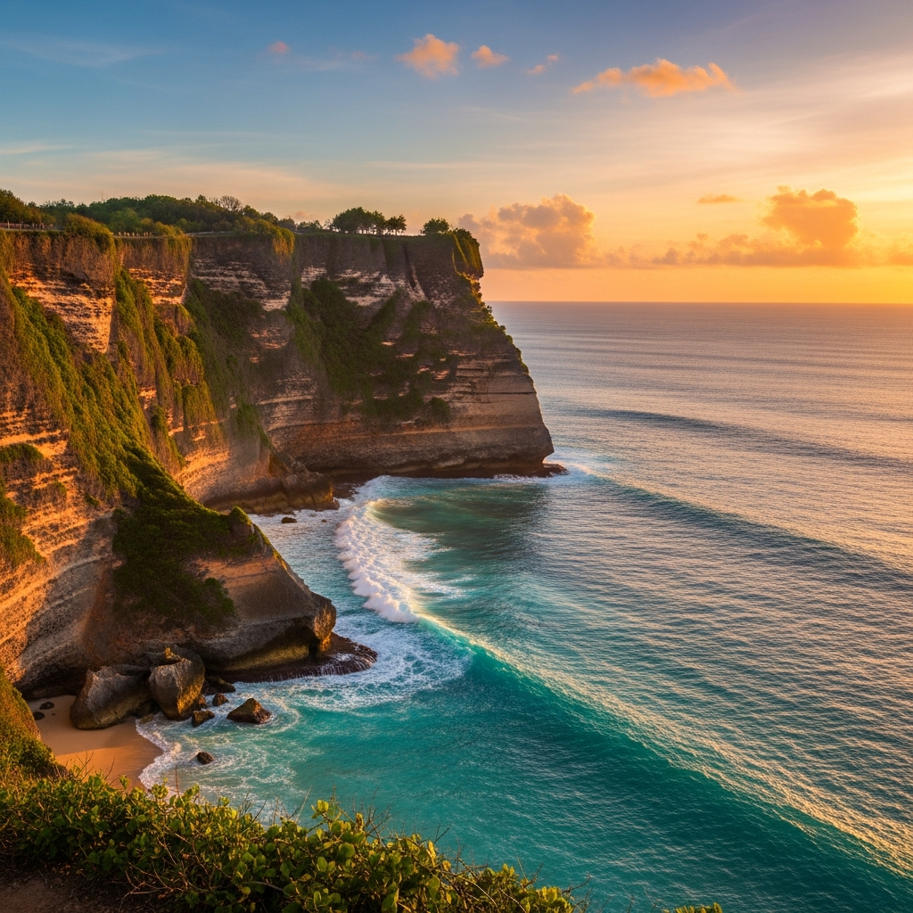 Hero shot of Uluwatu’s limestone cliffs at sunset with turquoise water below - hero image