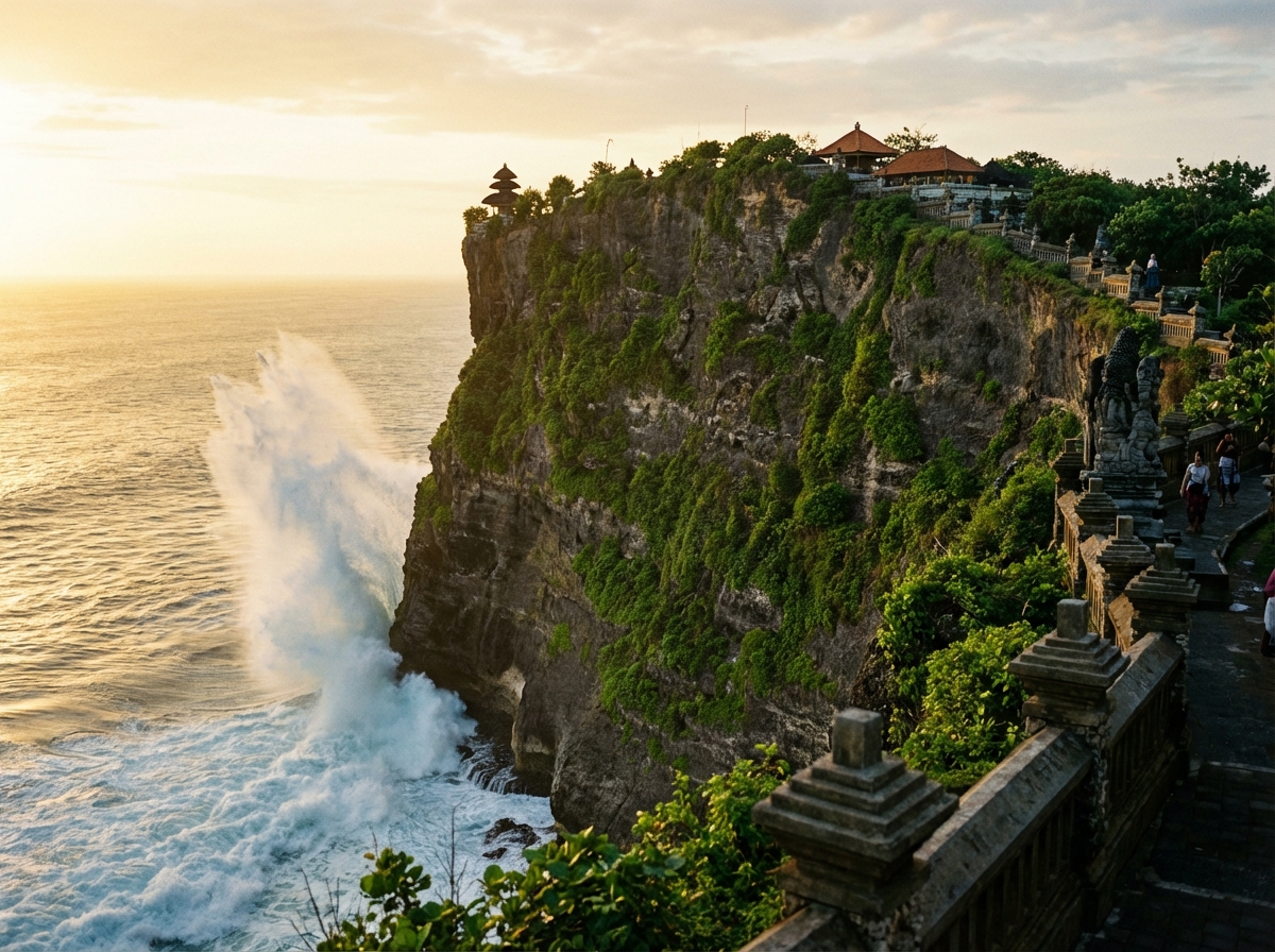 Uluwatu Temple perched on a cliff with ocean spray below - travel photo