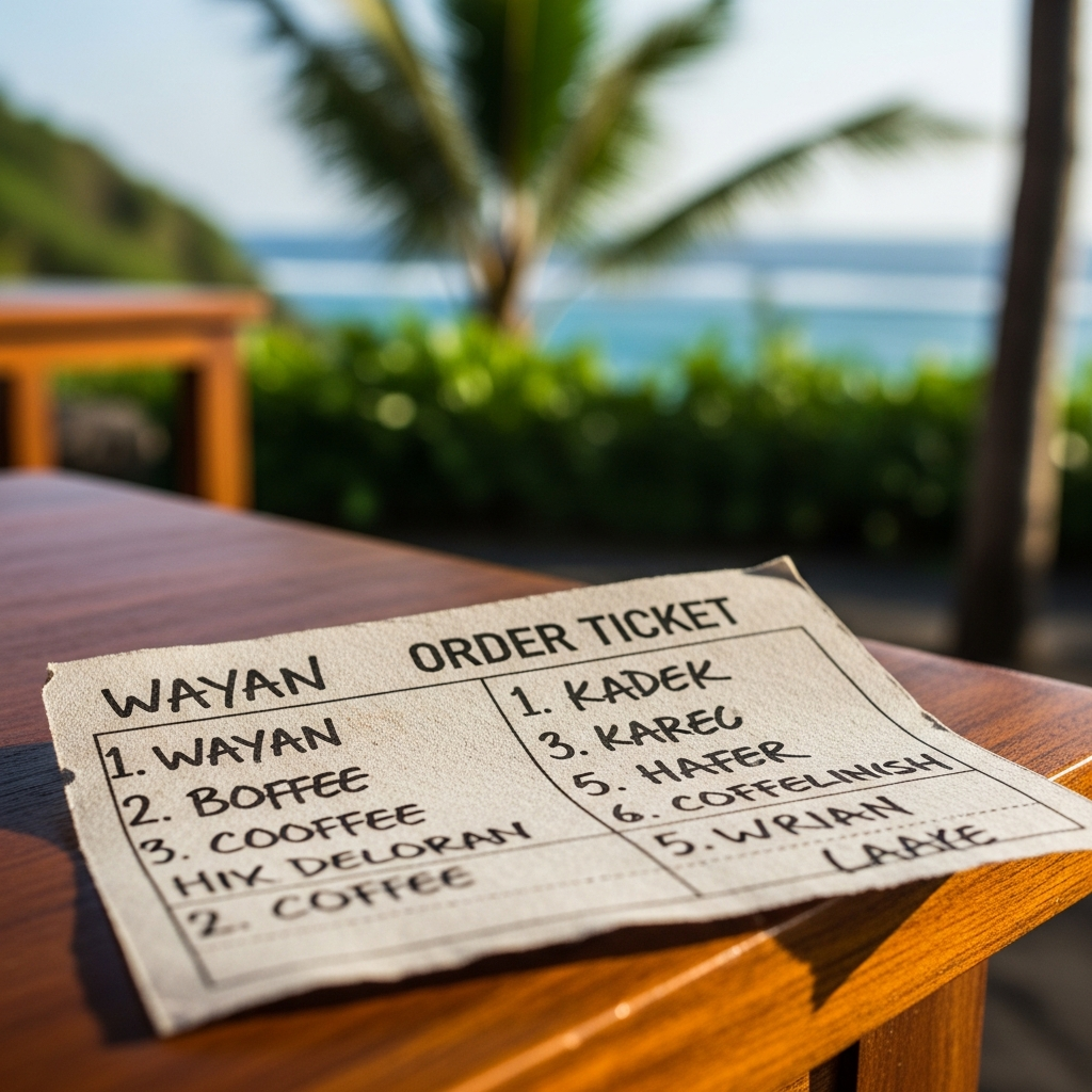 Close-up of a handwritten café order ticket in Uluwatu with names like Wayan and Kadek - travel photo