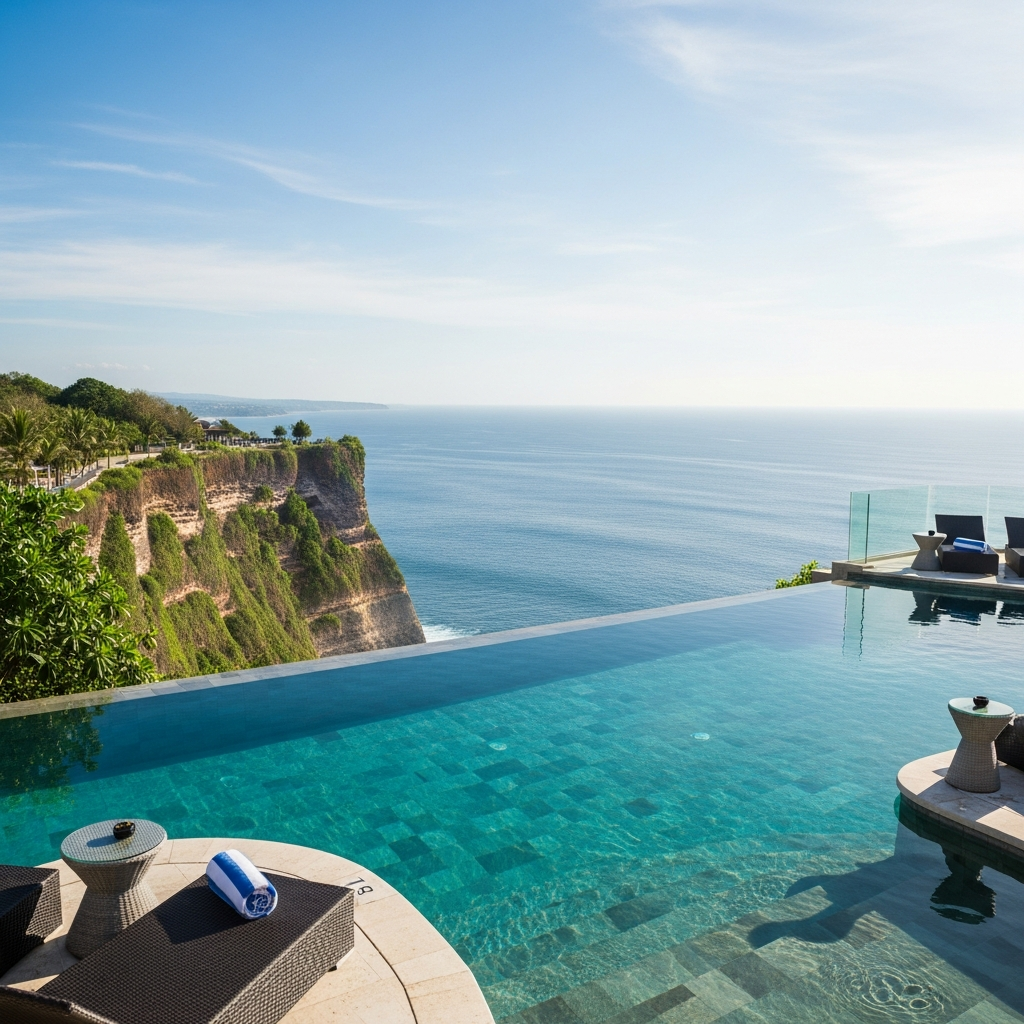 Glass-front infinity pool at OneEighty with ocean far below - travel photo