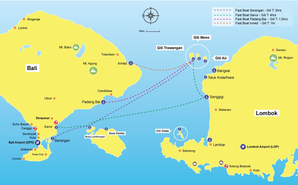 Map-style image concept showing Bali ports (Sanur/Padangbai/Serangan/Amed) and arrows to Nusa, Gilis, Lombok - travel photo