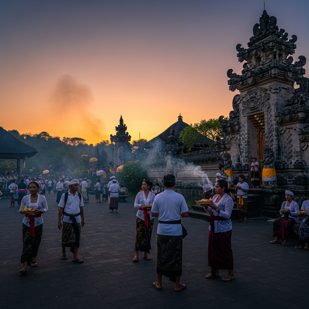 Evening scene outside Uluwatu Temple with sarongs, incense smoke, and people gathering before sunset - travel photo
