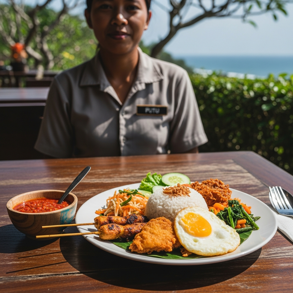 A warung table in Uluwatu with nasi campur, sambal, and a small name tag on a staff shirt - travel photo