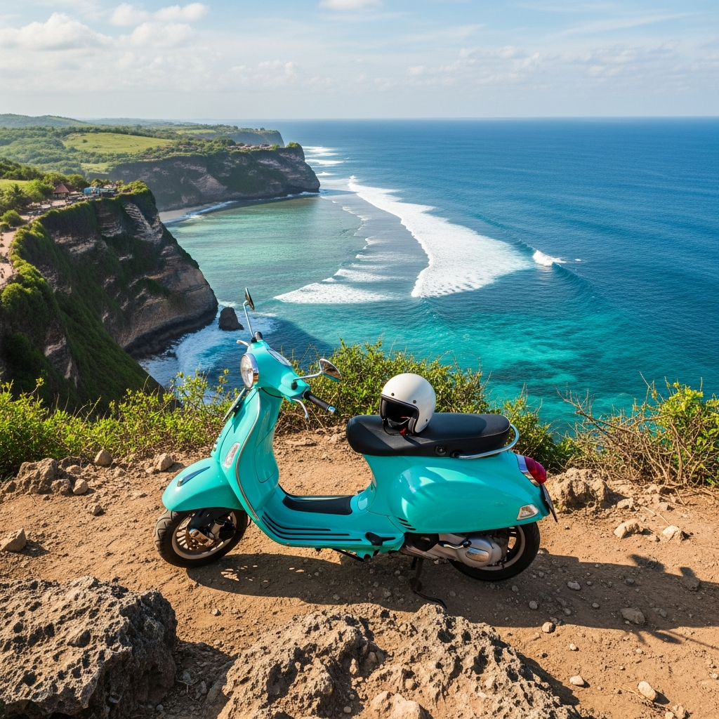 A scooter parked near a cliff viewpoint in Uluwatu with a helmet on the seat and the ocean beyond - travel photo