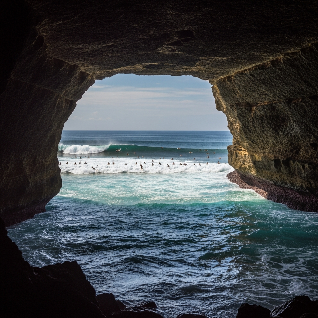 Looking out from Suluban cave opening to the ocean and surfers - travel photo