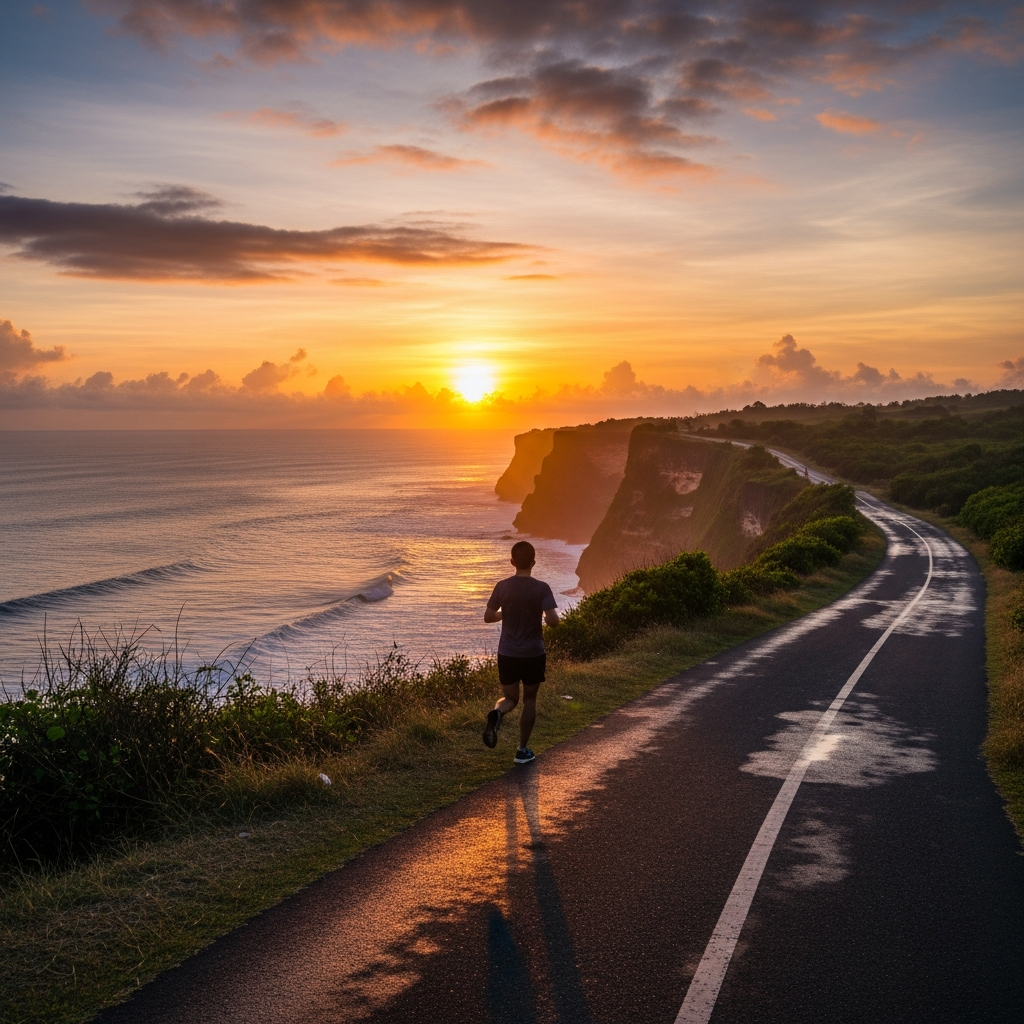 Sunrise view over Uluwatu cliffs with a runner silhouette on a quiet road - travel photo