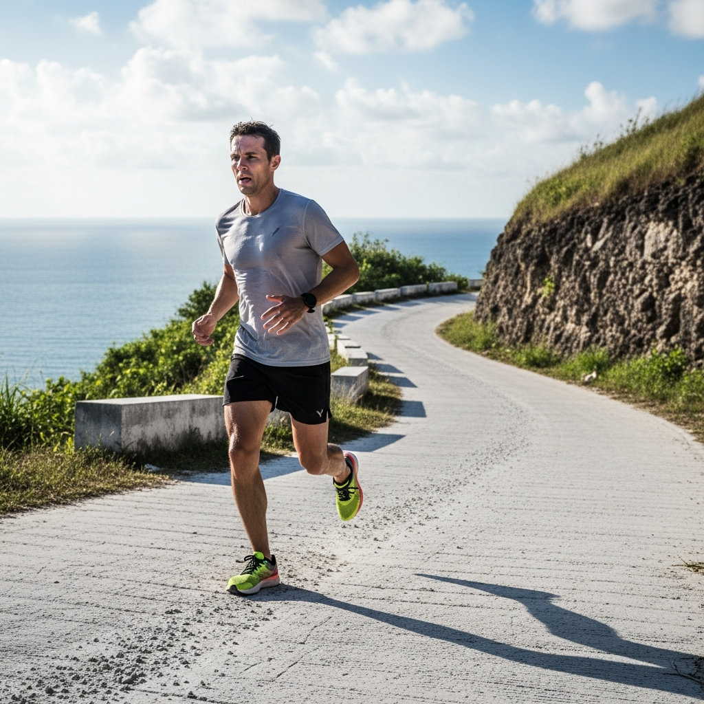 Runner doing hill repeats on Melasti’s limestone switchback road above the beach - travel photo
