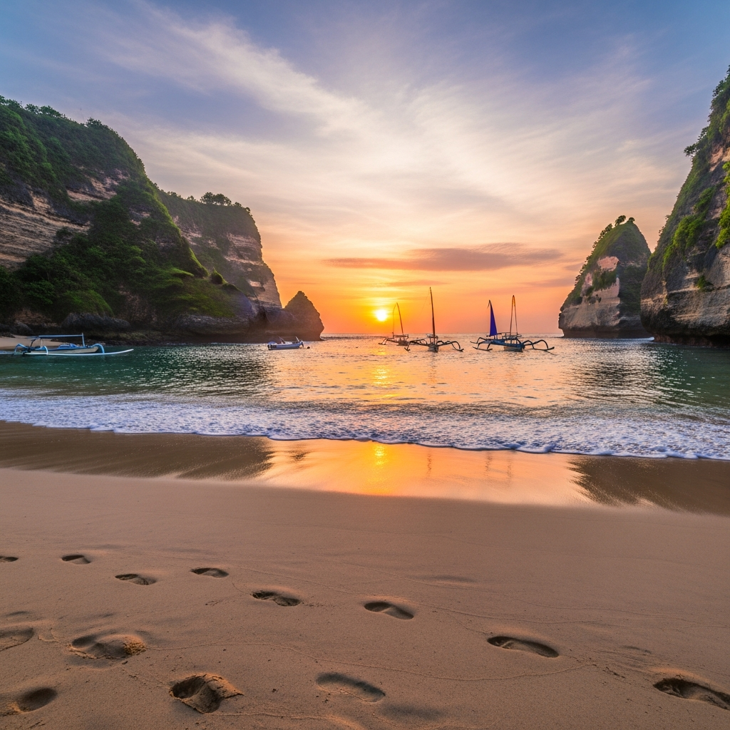 Pandawa Beach at sunrise with footprints on firm sand and cliffs framing the bay - travel photo