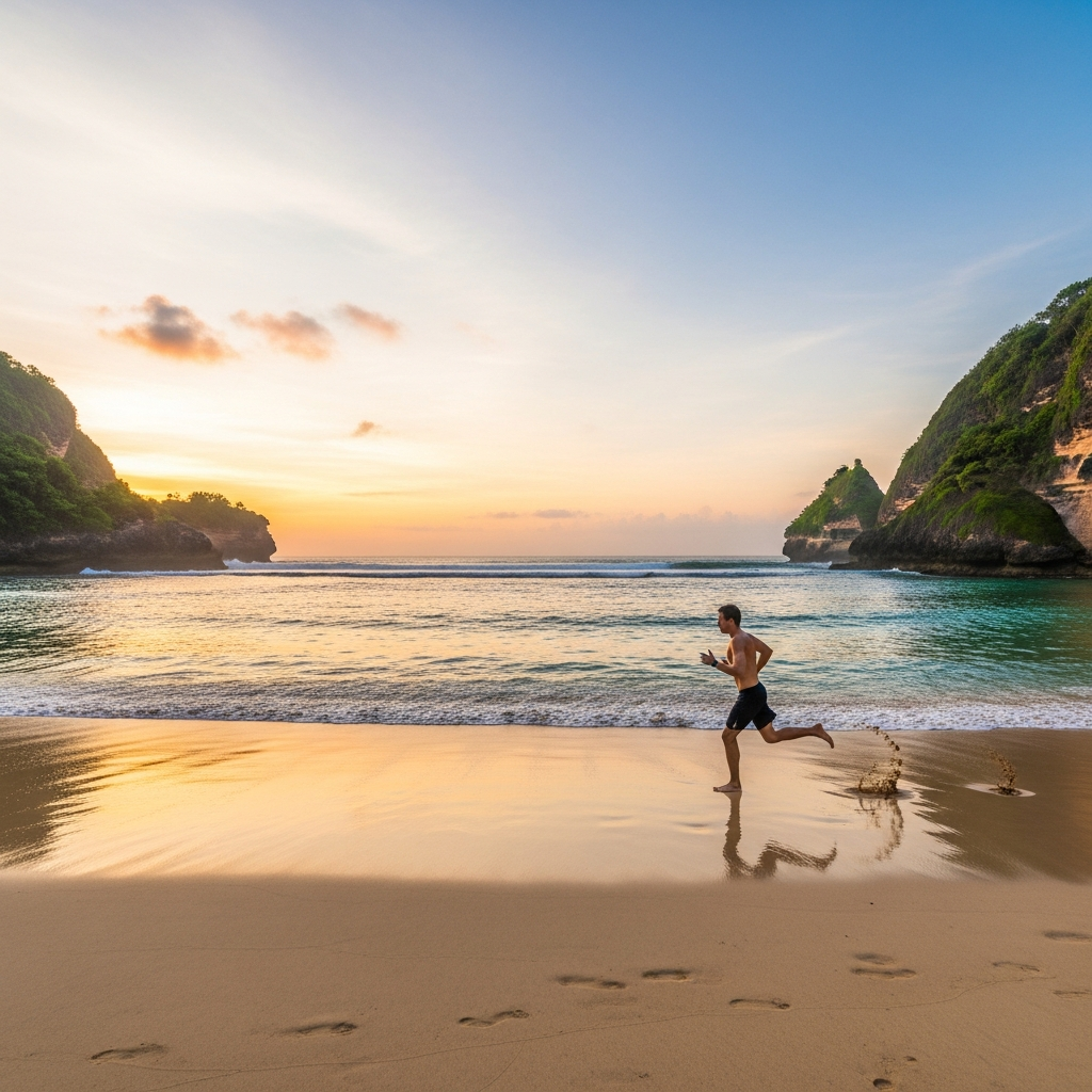 Wide, quiet Nyang Nyang shoreline with a runner doing interval sprints near the waterline - travel photo