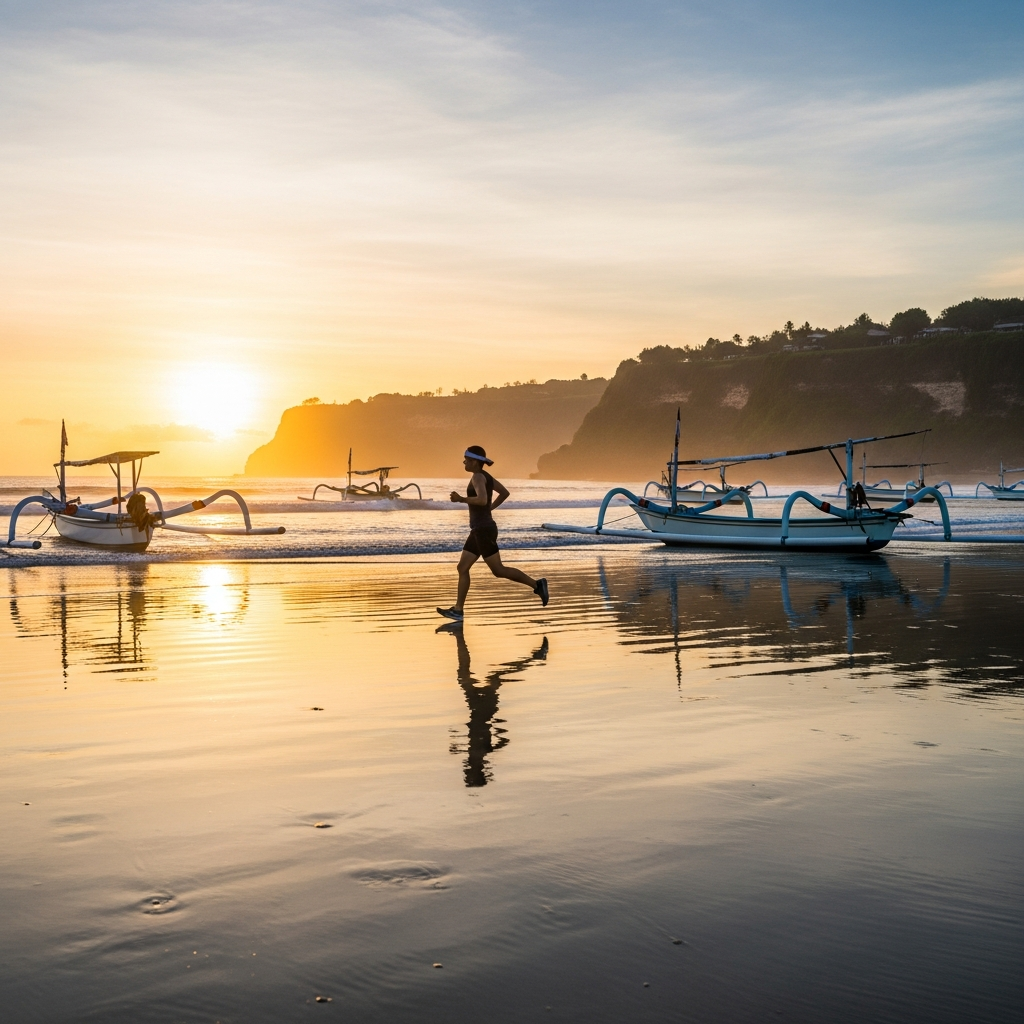 Runner on Jimbaran Bay wet sand with traditional boats offshore in the morning light - travel photo