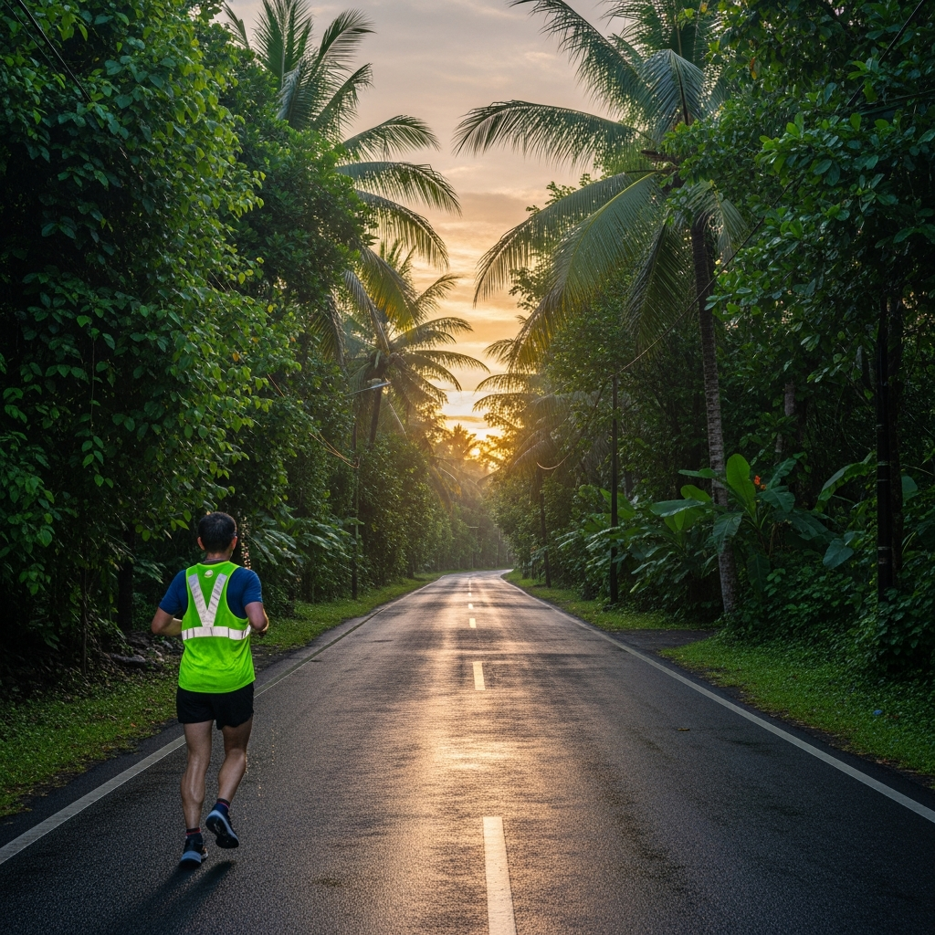 Early morning on Jl. Labuan Sait with a runner in high-vis gear and quiet road conditions - travel photo