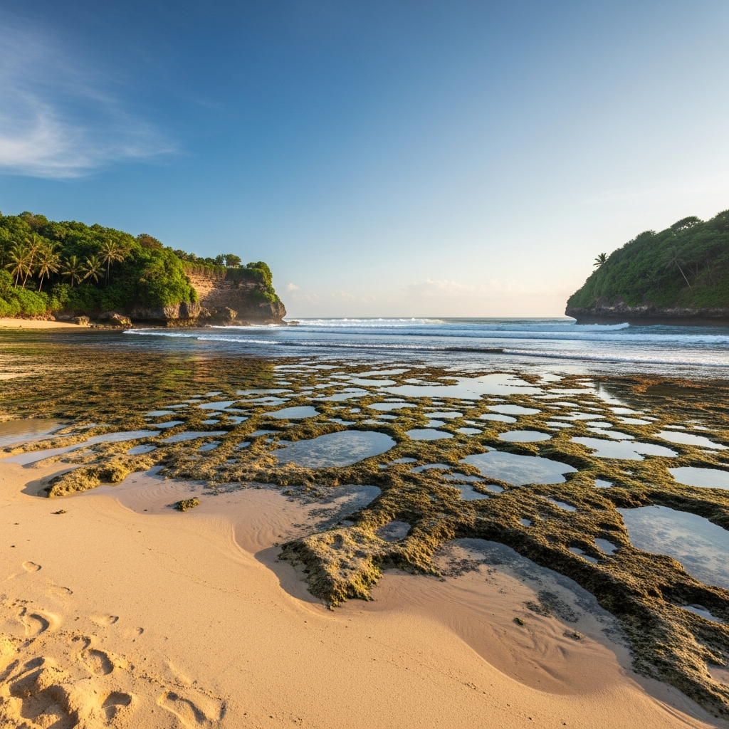 Balangan Beach wide view showing soft sand and visible reef shelf at low tide - travel photo